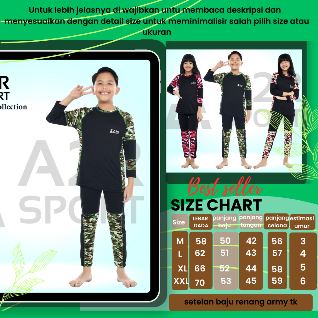 A2R Sport - Setelan Army TK Baju renang anak perempuan &amp; laki Unisex