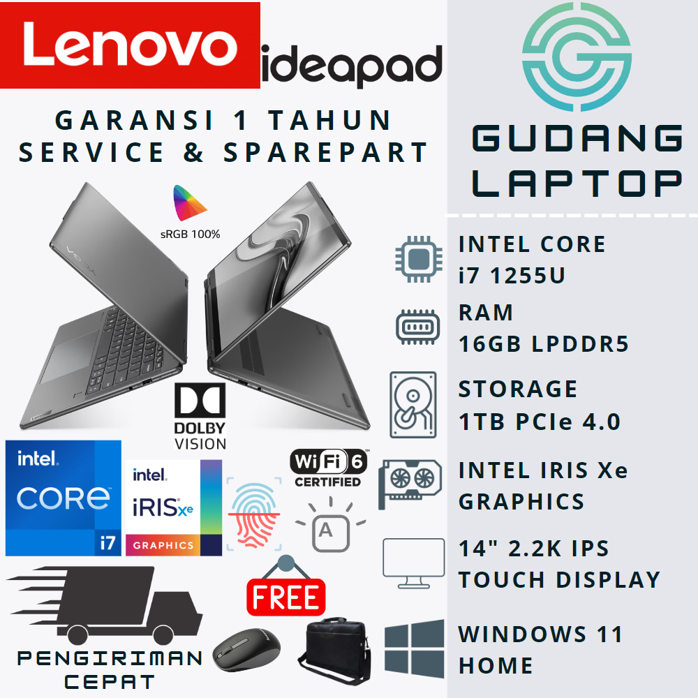 LAPTOP 2IN1 LENOVO YOGA 7 14IAL7 i7 1255U 16GB RAM 1TB SSD IRIS Xe 2.2K TOUCH WIN11