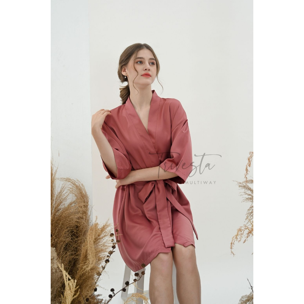 Trivesta Robes - Basic Robe Plum - Kimono Robe Bridesmaid Satin + Free Bordir (Tulisan Bebas Bisa Nama)