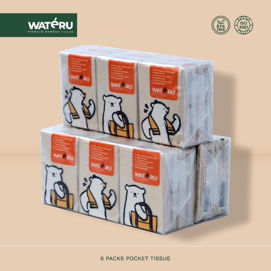 Tisu Wajah Wateru Bambu Premium Bamboo Facial Tissue Pocket Isi 6 Pcs x 10 Sheets