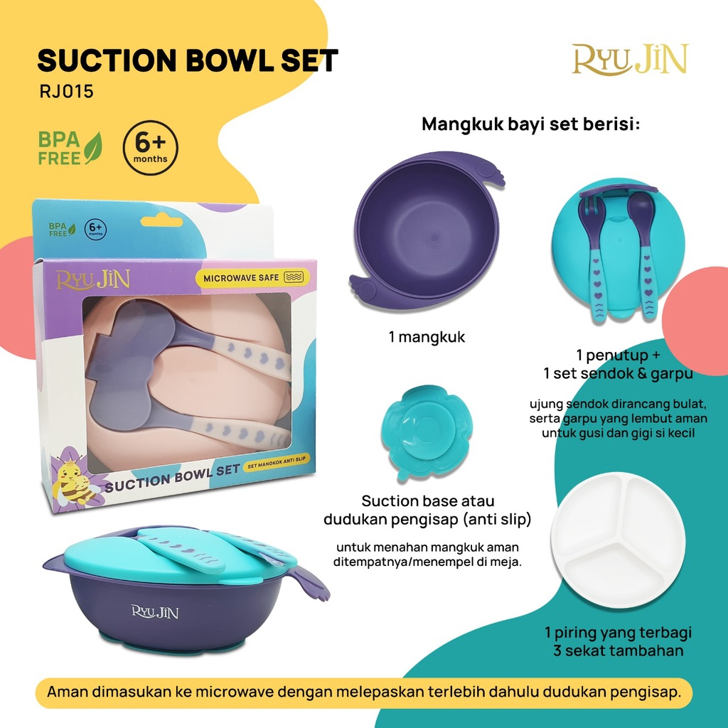 RYU JIN SUCTION BOWL SET 6M+ RJ-015 TEMPAT MAKAN ANAK BAYI MANGKOK ANAK BAYI DENGAN SENDOK