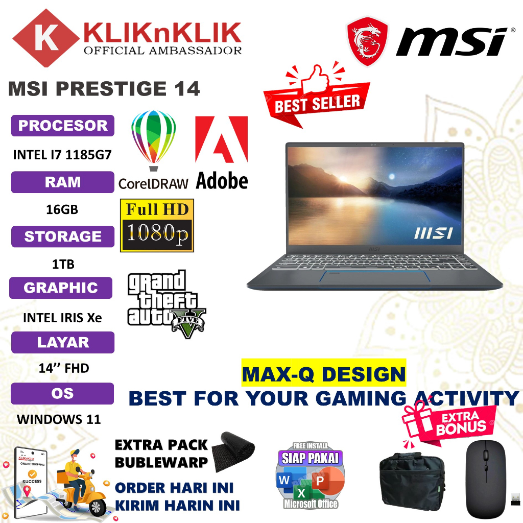 MSI PRESTIGE EVO INTEL I7 1185G7 16GB 1TB IRIS Xe 14&quot; FHD WINDOW 10 PRO