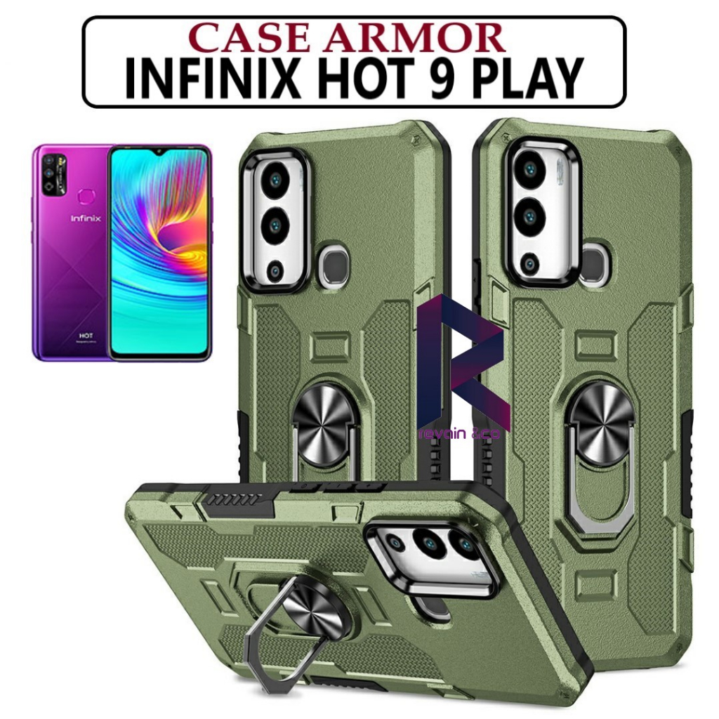 Case Armor INFINIX HOT 9 PLAY Iring Cincin Magnetic Kesing Hp Protect kamera Premium Hard Case Standing Robot Pelindung Kamera