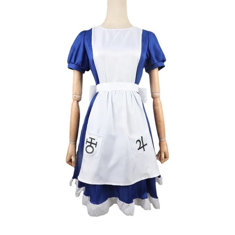 COSTUM COSPLAY PERMAINAN ALICE MADNESS RETURNS GAUN CELEMEK PELAYAN HOLLOWEN UNTUK WANITA GAUN KARNAVAL GADIA ANIME