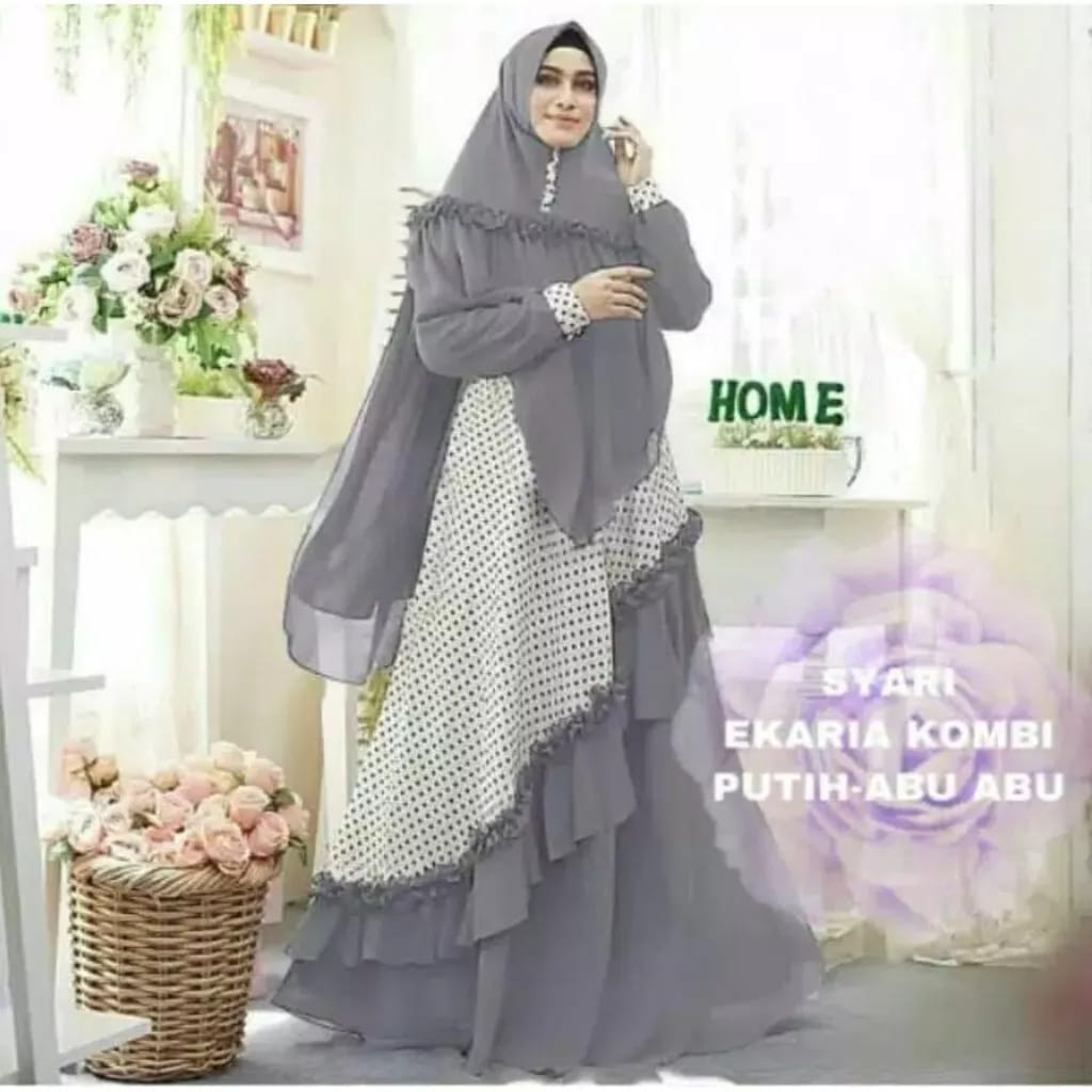 BO - SYARI EKARIA POLKA KOMBI PUTIH / GAMIS RAMPLE / FASHION WANITA / GAMIS MUSLIM