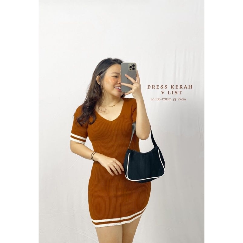 MDLV ~ DRESS KERAH V LIST PUTIH  RAJUT DRESS BODYCON DRESS KOREA STYLE DRESS SEXY FASHION WANITA