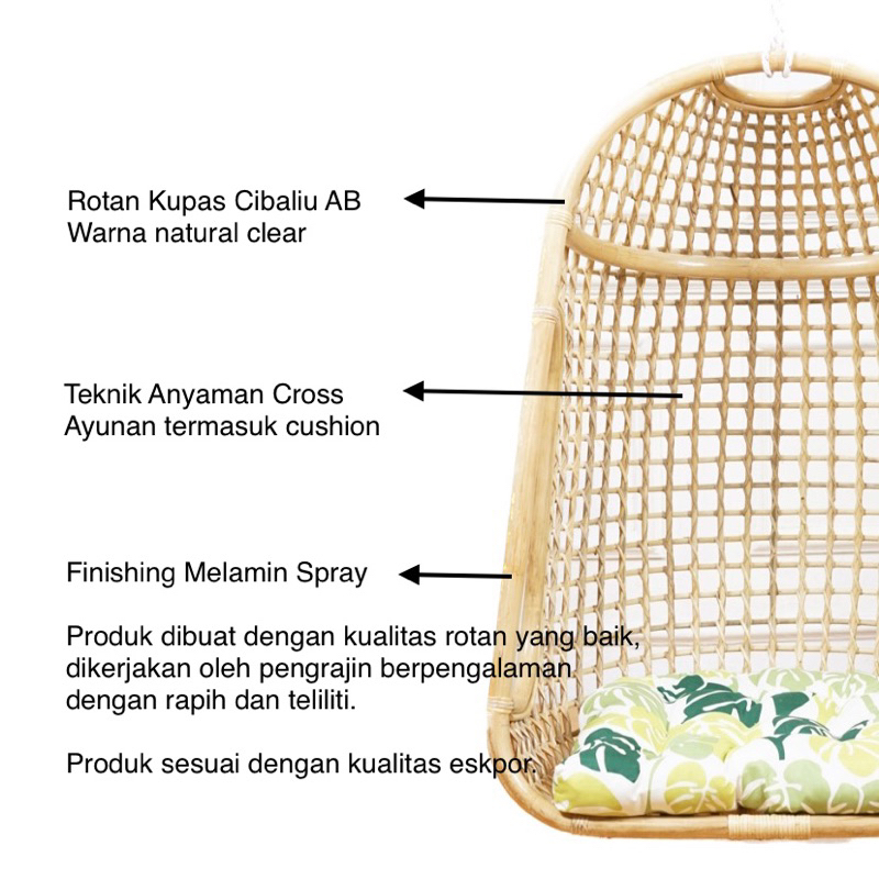 Ayunan Rotan Bahama Dengan Cushion Dewasa / Rattan Hanging Chair Finishing Melamin