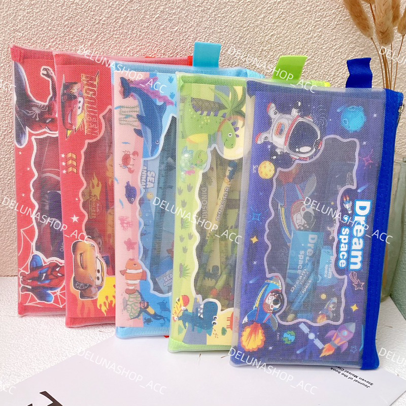 

DL244S Delunashop 7in1 kotak Tempat Pensil Jaring Zipper Transparant Karakter Ins Asthetic Pencil Case tas souvenir kotak pensil