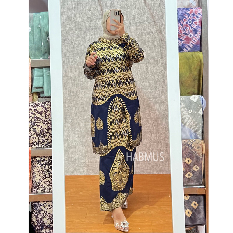 SETELAN BATIK SONGKET PALEMBANG MOTIF WAYANG BIRU