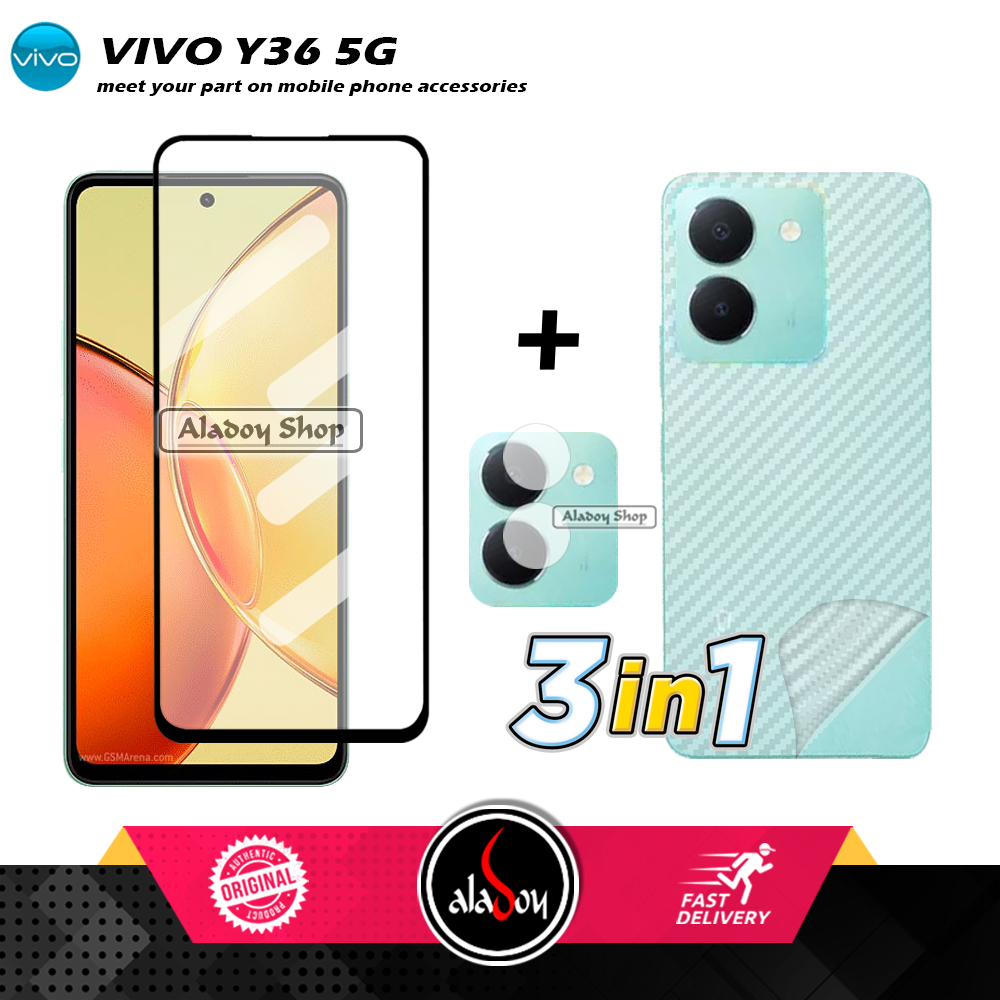 PAKET 3 IN 1 Tempered Glass Layar Vivo Y36 5G Free Tempered Glass Camera dan Skin Carbon