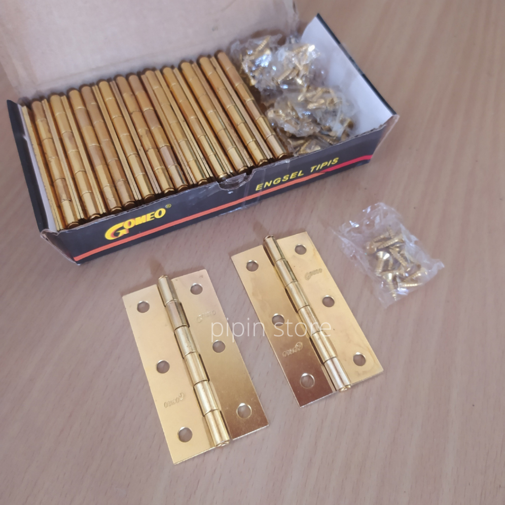 Engsel Tipis Jendela Lemari Rata 3&quot; 3 Inci Inchi Kuning Gold Plat Per 12 Pasang Kotak 1 Box 24pcs Per Dus Lusinan 1 Set