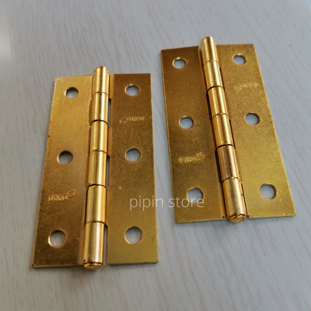 Engsel Tipis Jendela Lemari Rata 3&quot; 3 Inci Inchi Kuning Gold Plat Per 12 Pasang Kotak 1 Box 24pcs Per Dus Lusinan 1 Set