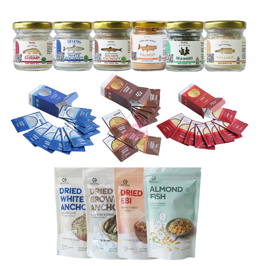 12+ CRYSTAL OF THE SEA IKAN TERI BUBUK/SEAWEED POWDER/SHIITAKE/IKAN GABU /ANVHOVY CHIPS KERIPIK TERI