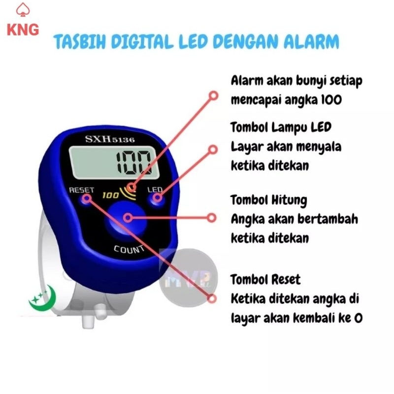 Tasbih Digital Model Alarm Hitung Zikir Shalat Muslim - Finger Counter Alarm Digital