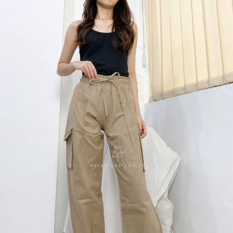 CARGO JOGGER LINEN - Celana Joger Cargo - Joger Kargo Wanita - Joger Highwaist Baggy P19
