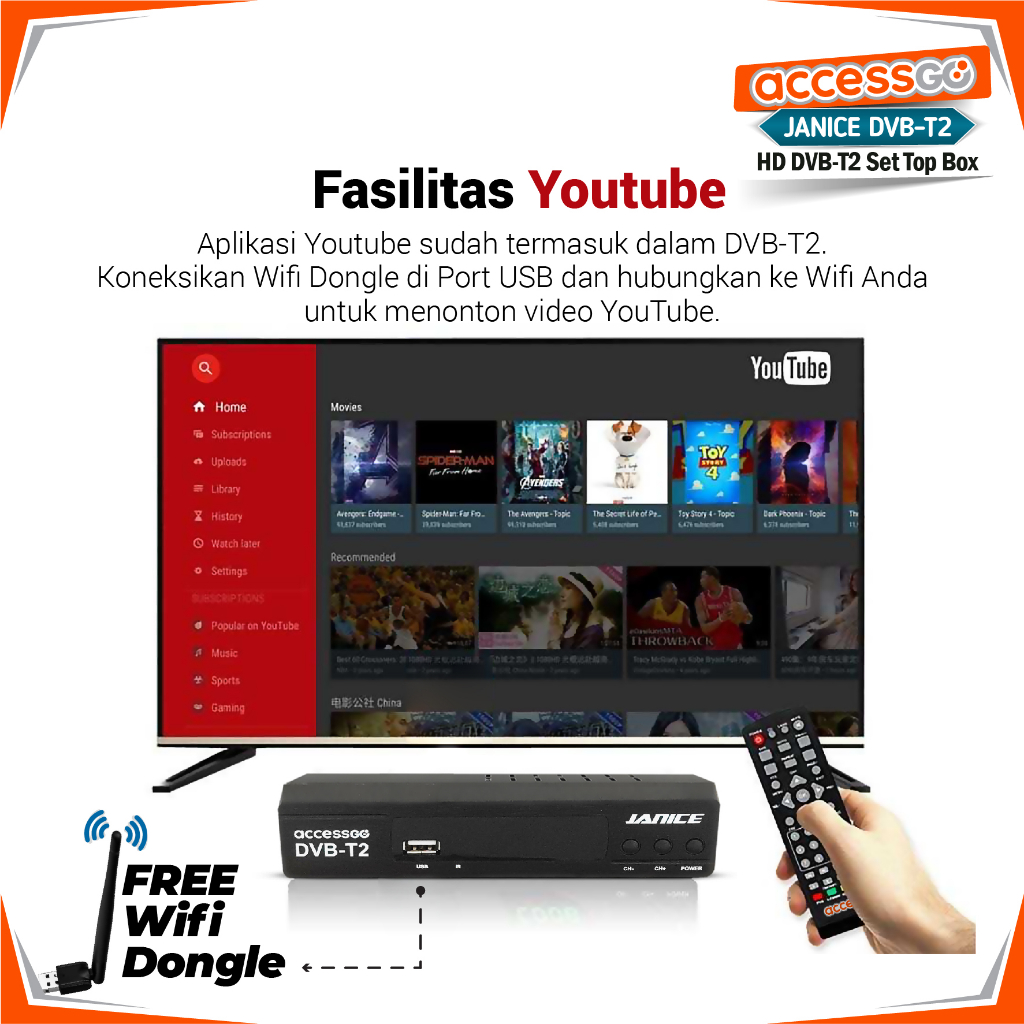 Set Top Box STB DVB-T2 Wifi AccessGo Body Full Metal Garansi Resmi 1 Tahun free Logam Mulia