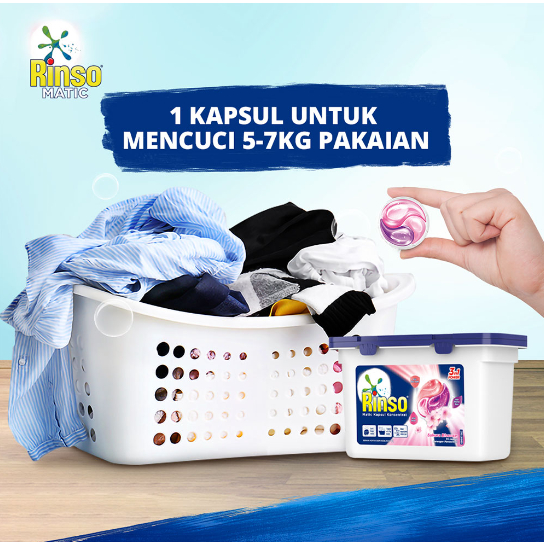 Rinso Matic Kapsul 3in1 Power Capsule isi 16 Deterjen Konsentrat Sakura Blossom / Lavender Fresh 168 gram untuk segala mesin cuci bukaan atas maupun depan front top load 3 in 1 Anti Noda Apek