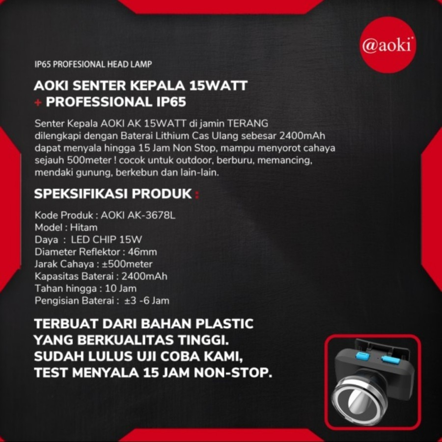 COD Senter Kepala Aoki AK-3678L 15W Headlamp aoki Super Terang