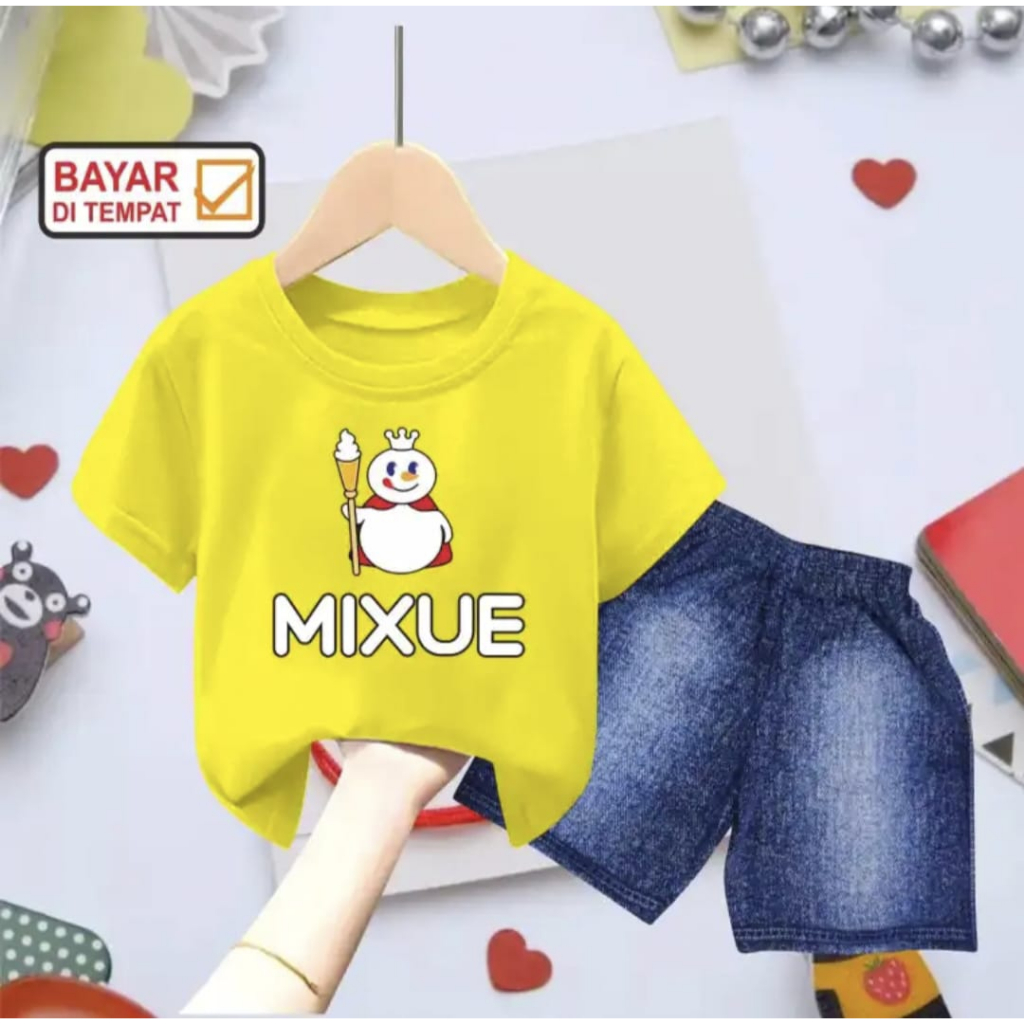 Setelan Baju Viral UNISEX Anak//Setelan Baju Celana Pendek Denim Mixue 1-6 Tahun