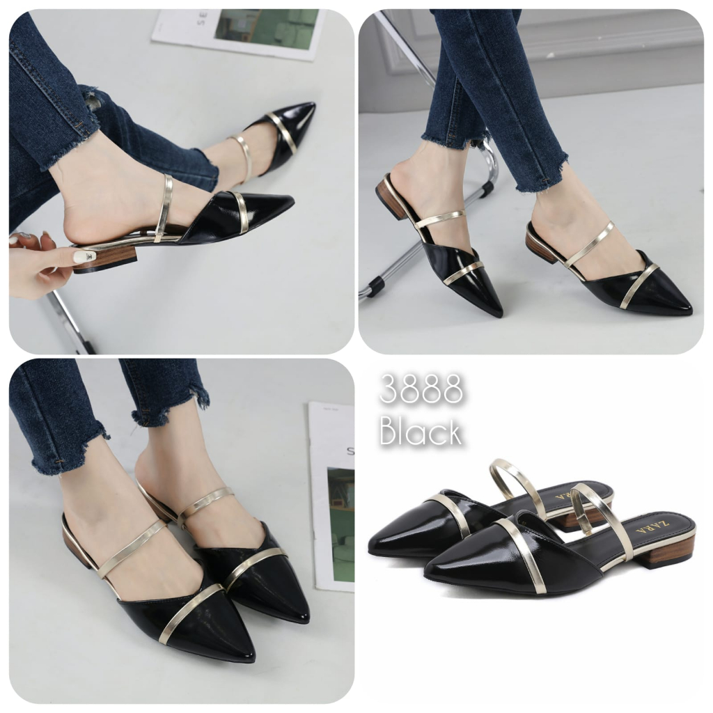 Sandal wanita mules lancip kulit glossy import kode 3888