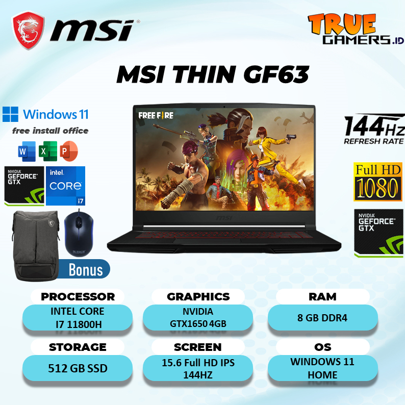 Laptop MSI THIN GF63 GTX1650 4GB  I7 11800H 8GB 512SSD W11 15.6FHD IPS 144HZ BLIT 2YR