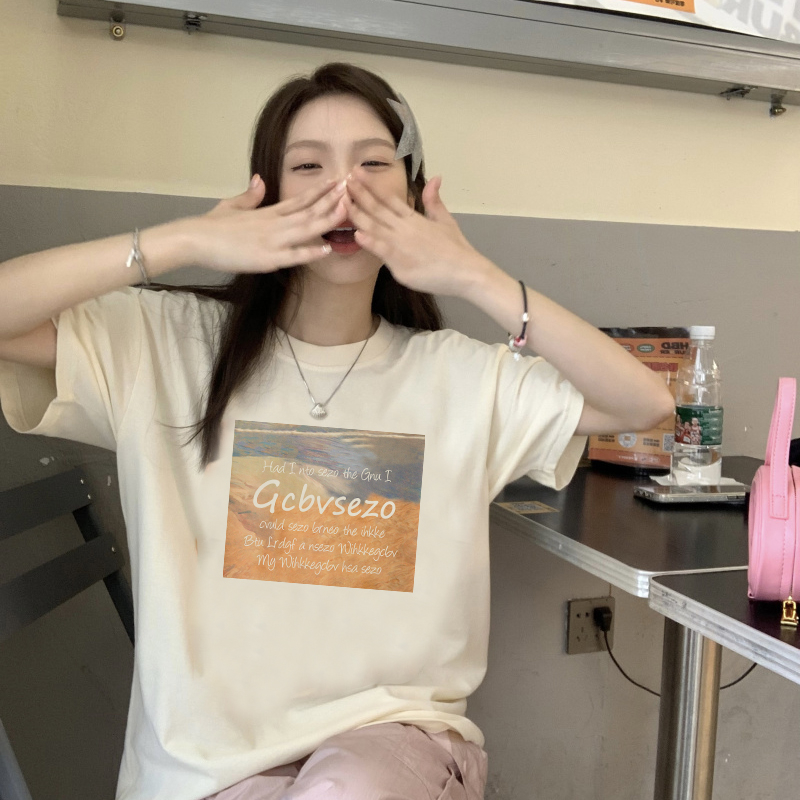 Print T-shirt Kaos Lengan Pendek Retro Sunset Landscape Printing Oversize Atasan Wanita Korean Style