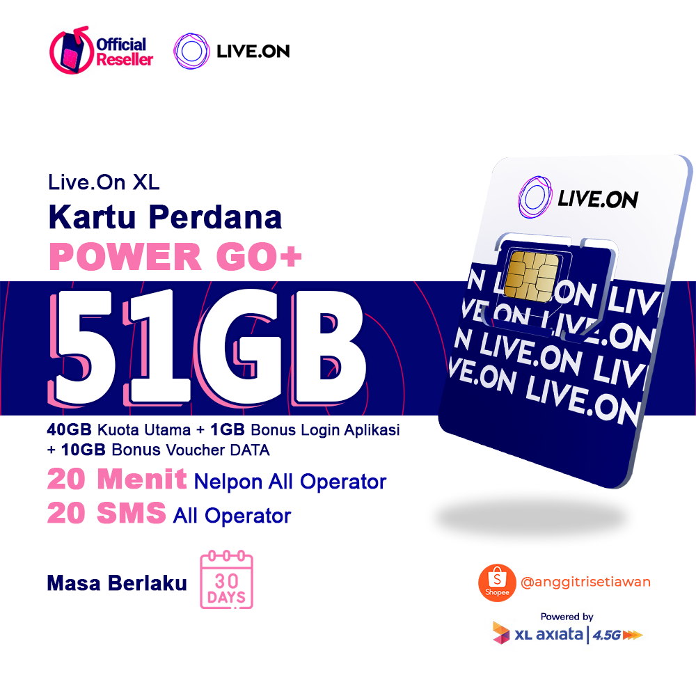 51GB Kartu Perdana Live.On Power Go 40 + 1GB + Bonus Voucher 10GB ( 30 Hari ) by XL AXIATA Kuota Internet Jaringan 4.5G