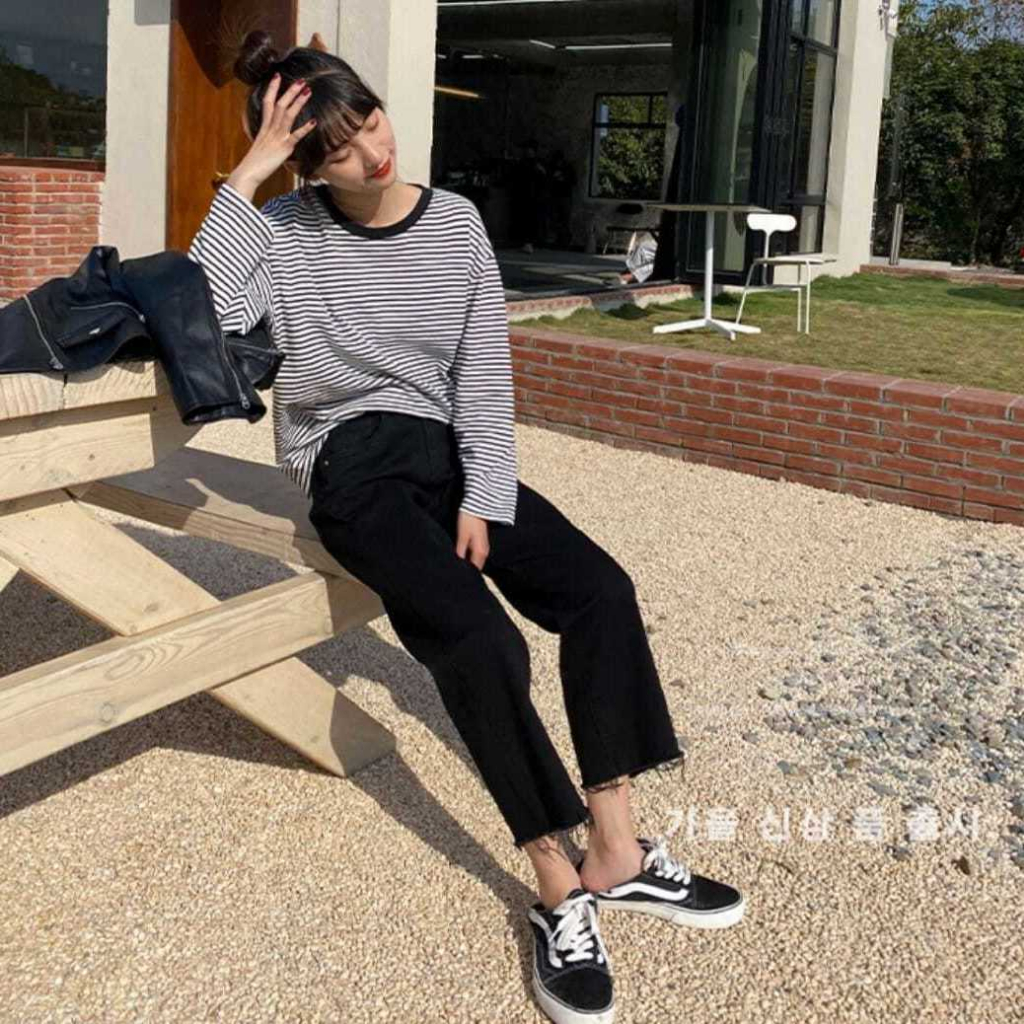 Kulot Celana Panjang Jeans Wanita Rawis Highwaist Korean Hitam