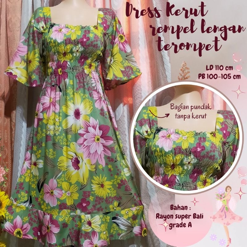 Kerut Rempel lengan terompet //Dress Gisel //Daster Bali //Daster kerut