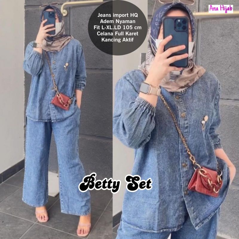 Betty Set Cel Jeans / One Set Denim Wanita Ori By Ana Hijab