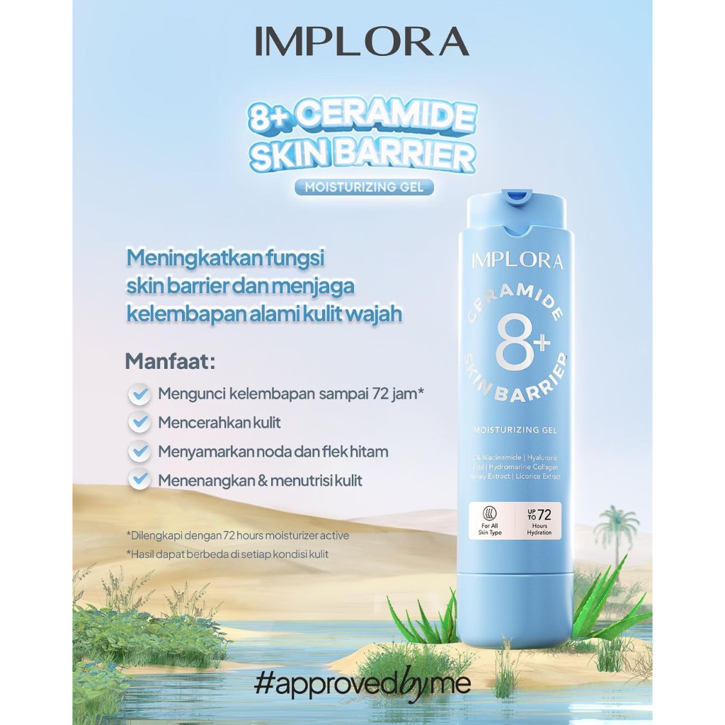 IMPLORA 8+ Ceramide Skin Barrier Moisturizing Gel Indonesia / Pelembab Wajah 50ml / For All Skin Type / Up To 72 Hours Hydration / 2% Niacinamide Hyaluronic Acid / Moizturizer Noda Flek Hitam Melembabkan Full Set Refill / Skincare Face Care Series / Cream