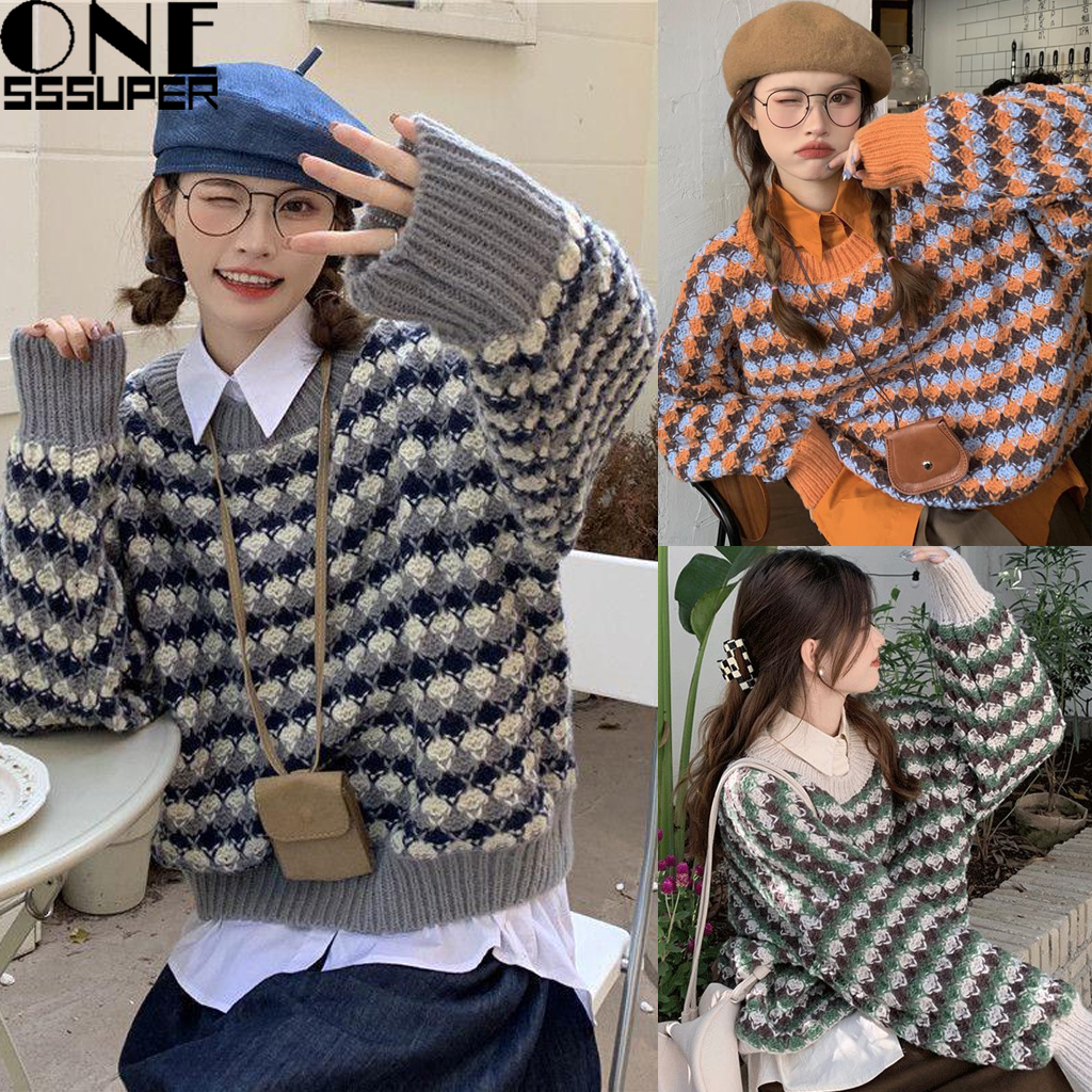 Sweater Leher Bulat Retro Wanita Gaya Korea Bergaris Pakaian Luar Longgar Rajutan Sweater
