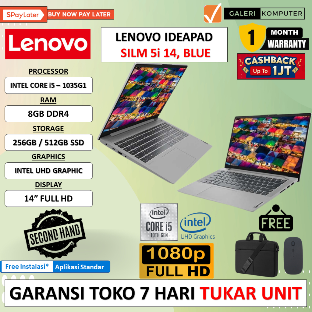 LAPTOP MURAH LENOVO IDEAPAD SLIM 5I 14 INTEL I5 1035G1 8GB 256GB 14.0 FHD WINDOWS 11 HOME ORIGINAL