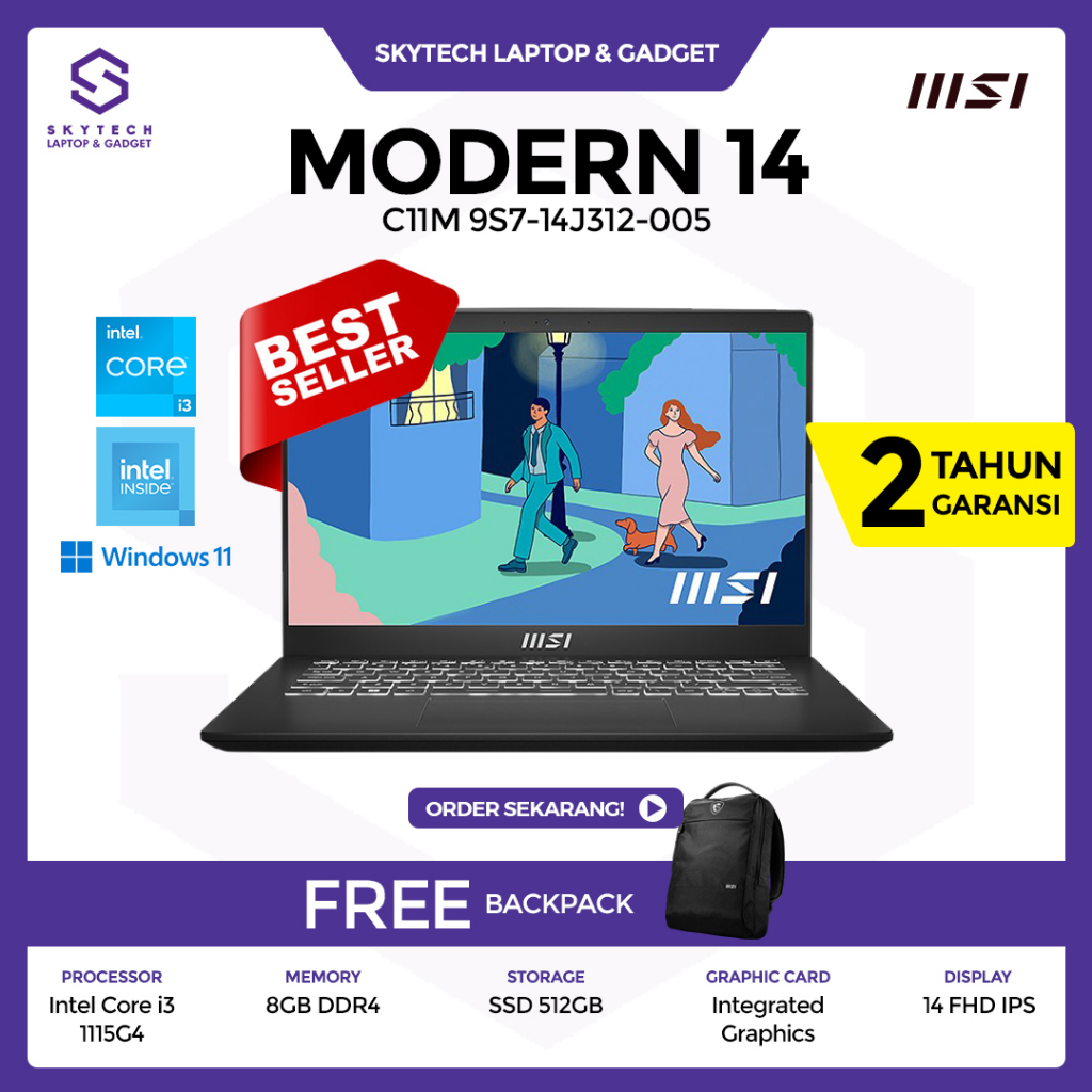 LAPTOP MSI MODERN 14 C11M 9S7 14J312 005 INTEL I3 1115G4 RAM 8GB SSD 512GB WINDOWS 11 CLASSIC BLACK