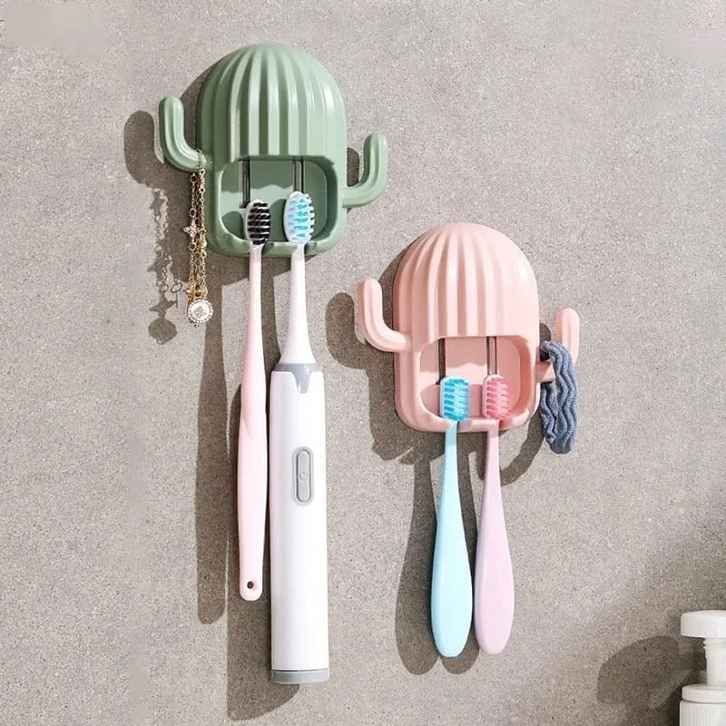 Gantungan Tempel Tempat Sikat Gigi Model Kaktus Toothbrush Holders / Gantungan Tempel Dinding Tempat Sikat Gigi Bentuk Kaktus / Hook Tempat Penyimpanan Gantung Alat Cukur Karet Kuncir Kain Lap Baju Handuk Kunci / Wall Mounted Toothbrush Holder Cactus