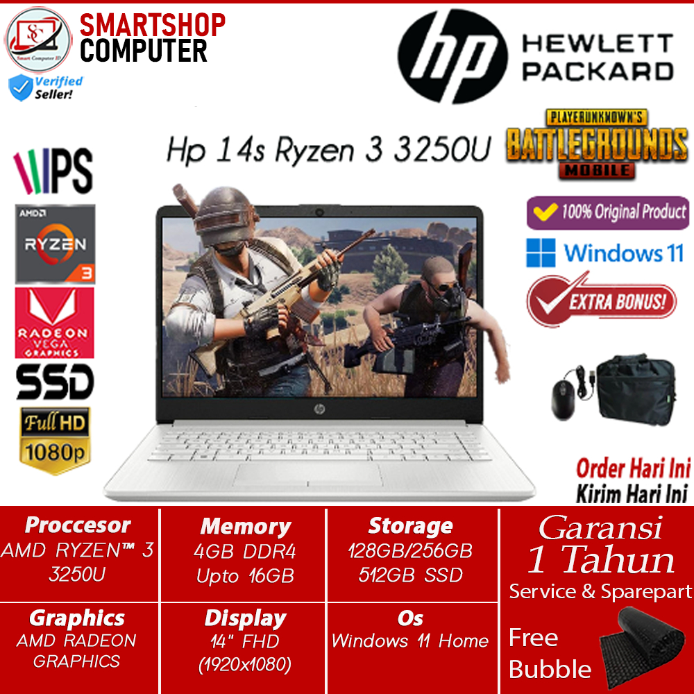 Laptop Gaming Hp 14 Amd Ryzen 3 3250U 8GB 256GB SSD 14.0 FHD IPS Radeon Windows 11 Original Termurah