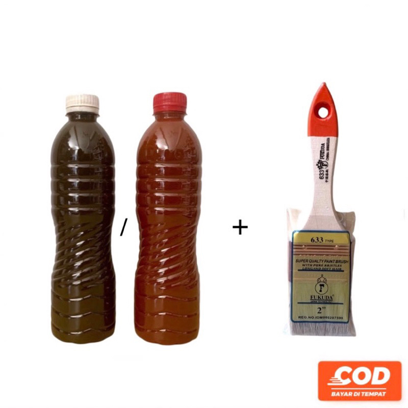 Paket 1 Botol Poles Pewarna Kayu Jati &amp; Mahoni 500 gr + 1 Pcs Kuas Cat Kayu / Tembok 2”