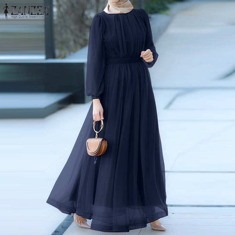 ZANZEA Women Muslim Fashion Casual Long Sleeve Double Layer PLeated Dress