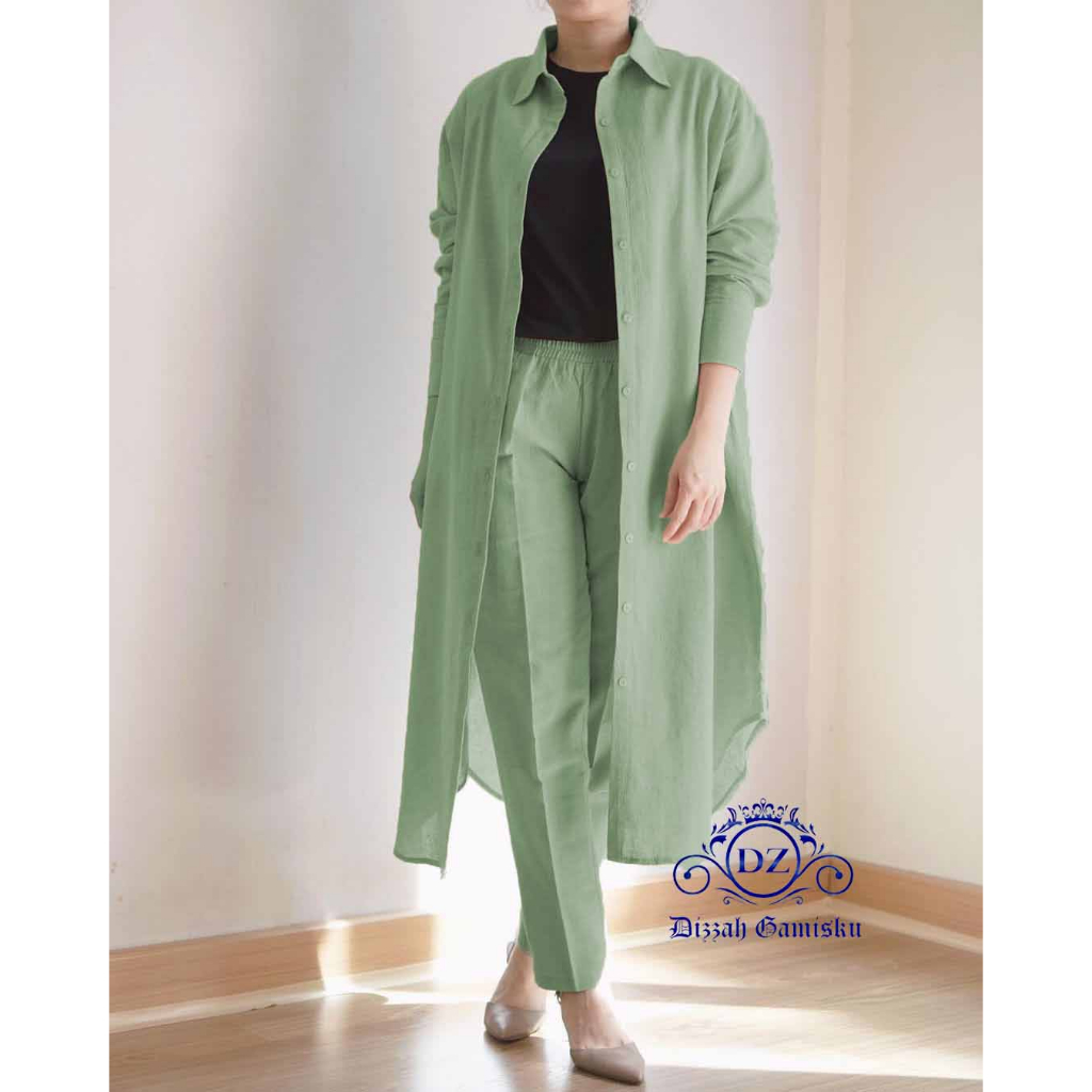 Dizzah Gamisku Setelan Long Tunik Wanita Terbaru Bahan Polo Linen Model Kekinian Lucia Set Linen One