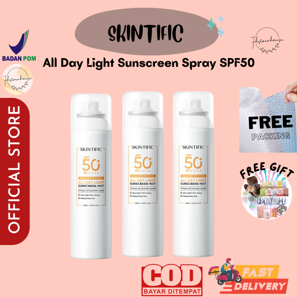 SKINTIFIC All Day Light Sunscreen Spray SPF50 PA++++ Sunscreen Mist Anti UV UVA UVB 120ml 50ml