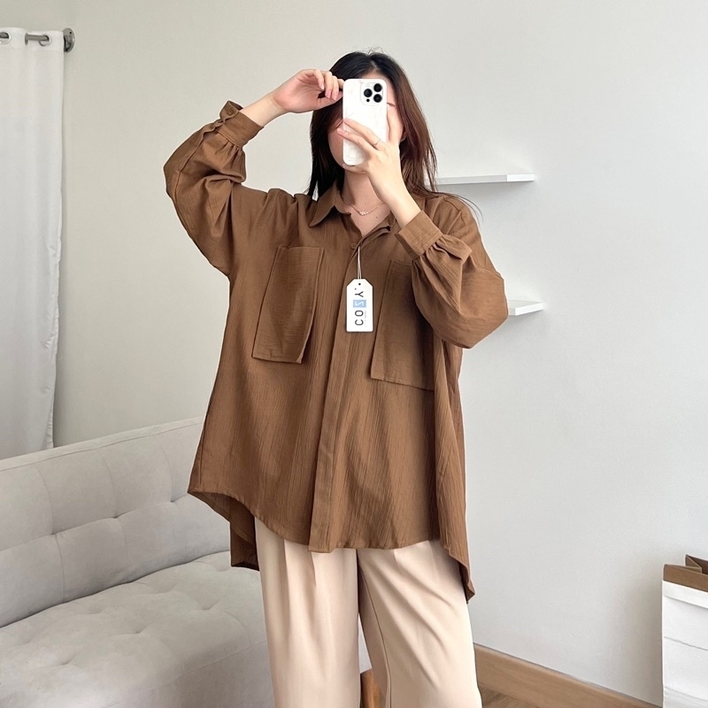 Kemeja Linen Crinkel Oversize - Gea Top Niki Shirt - Kemeja Oversize Linen 2 Pocket - Atasan Wanita