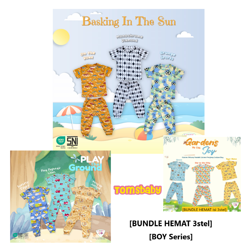 [BUNDLE HEMAT 3stel BOY ] LIBBY - Stelan Atasan PENDEK + Celana PANJANG Oblong Cotton Tipis Motif Print BOY Terbaru (0-19kg)