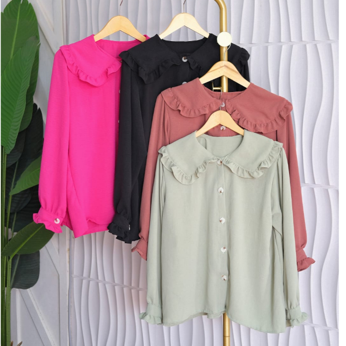 Kemeja Crinkle Airflow Polos Basic Shirt Korean Collar Blouse Crinkle Wanita - Alea Blouse EHG_ID