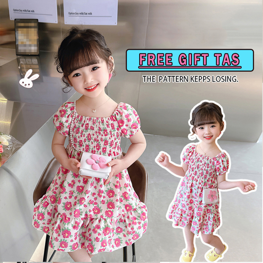 &lt;FREE GIFT TAS&gt; 1-7thn baju dress vintage valentine bunga anak perempuan Lengan pendek Dress anak perempuan import