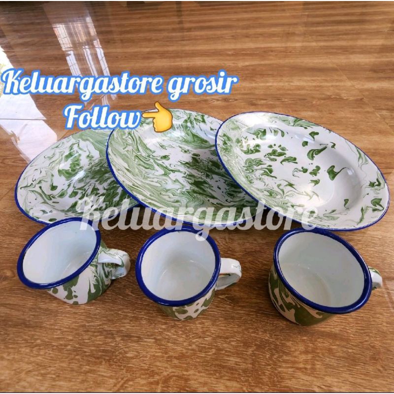 ( keluargastore ) 3pcs Piring Enamel Seng Kaleng Blirik + 3pcs Cangkir Brilik