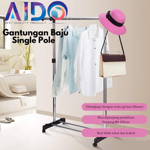 DOUBLE Rod Rack dan SINGLE Rod Rack Rak Baju Serbaguna Gantungan Laundry Stand Hanger 4 Roda Stand Hanger Single Stand