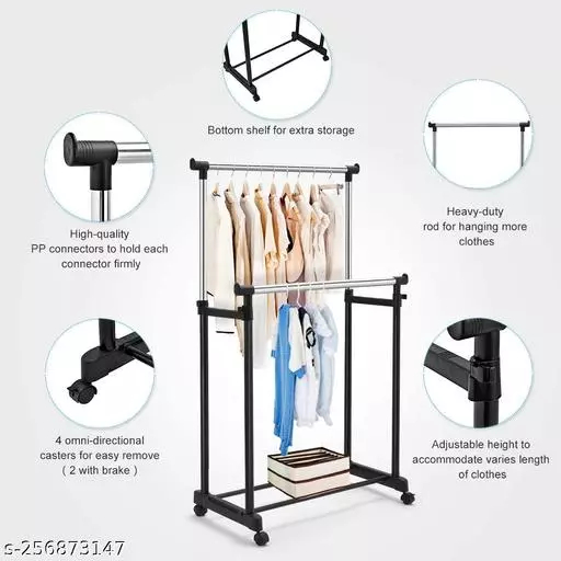 DOUBLE Rod Rack dan SINGLE Rod Rack Rak Baju Serbaguna Gantungan Laundry Stand Hanger 4 Roda Stand Hanger Single Stand