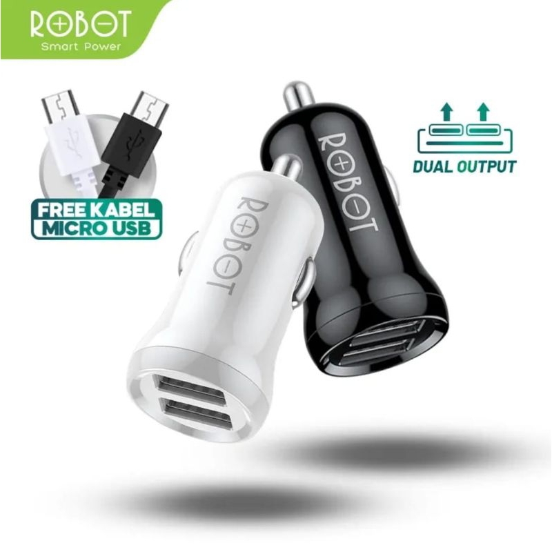 CAR CHARGER DUAL OUTPUT USB 2.4A WITH KABEL MICRO USB ROBOT RT-C07