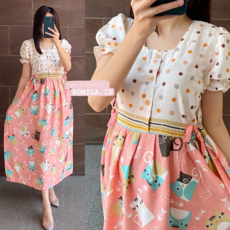 TERSEDIA JUMBO GROSIR DASTER SOMILA.ID TERBARU BUSUI CHIBI SERUT LENGAN PUFF PENDEK BATIK KITTY