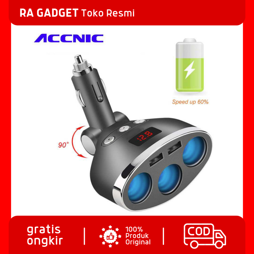 Car Charger 2 USB Port + 3 Cigarette Plug 3.4A LCD Display Fast Charging / Kepala Colokan Cas Hp Di 